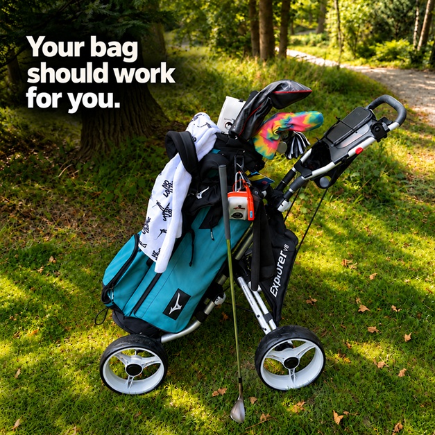 A golf bag on a trolley with the words Your bag should work for you