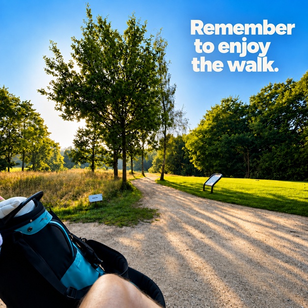 Walking path through a golf course with the words Remember to enjoy the walk