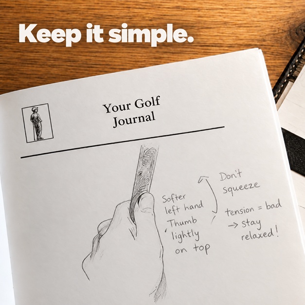 A golf journal with handwritten notes and the words Keep it simple