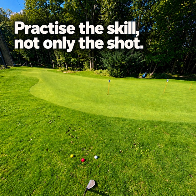 Short-game practice area with the words Practise the skill, not only the shot