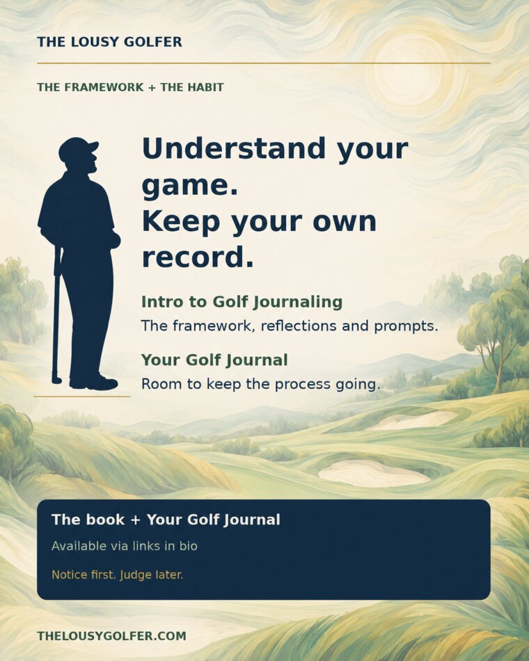 The Lousy Golfer framework and journal illustrated on a golf course